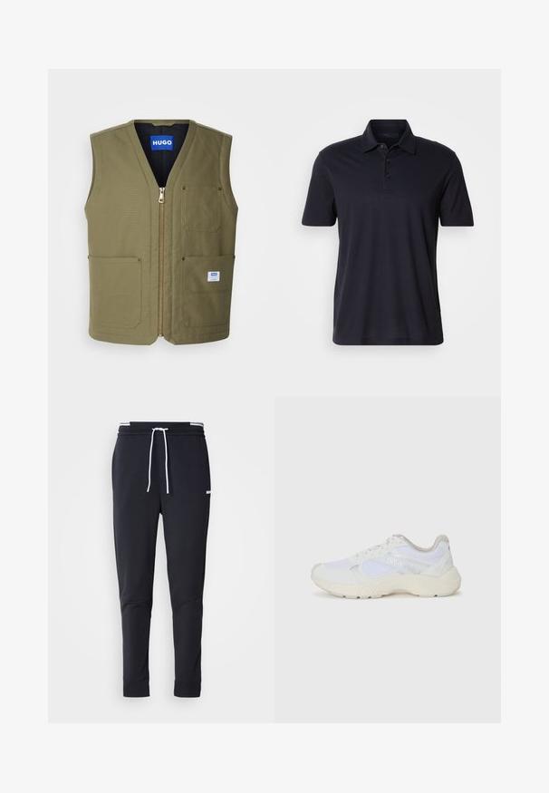 Olíva zöld, ujjatlan mellény, elöl cipzárral, két nagy első zsebbel és egy kis címkével az alsó jobb sarokban. Texturált anyag, letisztult dizájnnal.; Sötét tengerészkék, rövid ujjú pólóing, gallérral és háromgombos gombolóval, sima világos háttéren bemutatva.; Fekete, slim-fit rakott nadrág fehér zsinórral, elasztikus derékpánttal, fehér csíkokkal, és kisebb fehér logóval a comb felső részén.; Fehér sportcipők, amelyek hálós és velúr anyagból készültek, texturált középtalppal, texturált részletekkel és a "HUGO" logóval az oldalon.