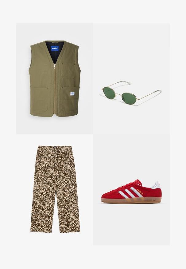 Olivgrünes ärmelloses Vest mit Reißverschluss vorne, zwei großen Vordertaschen und einem kleinen Etikett unten rechts. Strukturierter Stoff mit einem klaren Design.; Schwarzes T-Shirt mit kurzen Ärmeln in lockerer Passform, aus glattem Baumwollmaterial, mit rundem Ausschnitt und minimalistischem Design.; YOURTURN UNISEX - Jeans Relaxed Fit - beige/black; Rote Wildleder-Sneaker mit weißem Dreistreifen-Design und goldenem "Gazelle"-Schriftzug. Besitzt eine Gummisohle und eine strukturierte Ferse.; Sonnenbrille mit goldenem Rahmen, grünen ovalen Gläsern und dünnen Metallarmen. Verfügt über klare Kunststoffspitzen an den Armen für zusätzlichen Komfort.