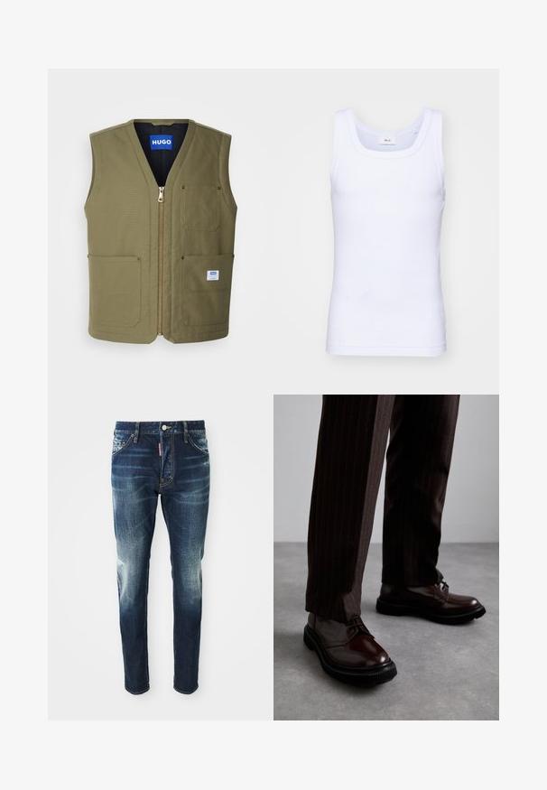 Oluva zaļa bezpiedurkņu veste ar rāvējslēdzēja priekšpusi, divām lielām priekšējām kabatām un mazu etiķeti apakšējā labajā stūrī. Tekstūrēts audums ar vienkāršu dizainu.; Balta kokvilnas bez piedurknēm tank top krekliņš ar apaļu kakla izgriezumu, ar gludu tekstūru un pieguļošu formu, paredzēts ikdienas valkāšanai.; Tumši zila džinsu auduma bikses ar šauru piegriezumu, ar izbalējušām vietām uz gurniem un ceļgaliem, piecām kabatām un metāla pogas aizdari.; Brūni ādas šņorējami apavi ar spīdīgu apdari, melna gumijas zole un smalki satīti šuvumi. Valkāti ar svītrainām brūnām biksēm.