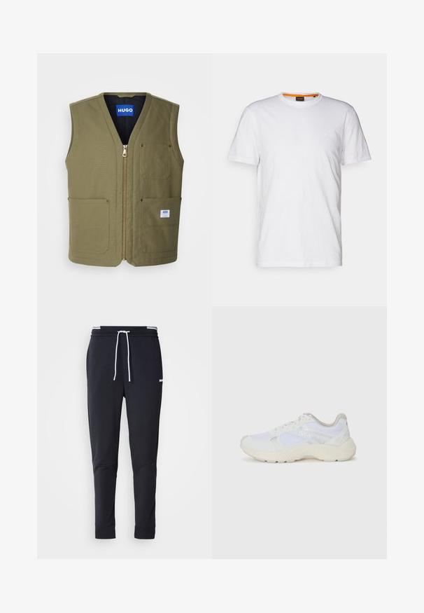 Oliivroheline ilma varrukateta vest, millel on tõmblukk ees, kaks suurt esikot ja väike silt alumises paremas nurgas. Tekstuuriga kangas puhta disainiga.; Valge puuvillane T-särk ümmarguse kaelusega, lühikeste varrukatega ja rinna peal diskreetse reljeefse logoga. Siseetiketil on oranž detail.; Mustad must-fit spordipüksid valge paelaga, elastse vöökohtaga valgete triipudega ja väikese valge logoga ülemisel reiel.; Valged sportlikud jalanõud, mis on valmistatud võrkkangast ja seemisnahast, sisaldavad tekstureeritud vahetald, tekstureeritud aktsentide ning küljes oleva "HUGO" logo.