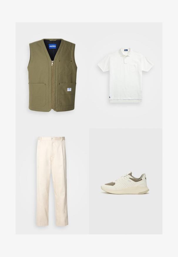 Olivno zelena brezrokavna jakna z zadrgo spredaj, dvema velikima sprednjima žepoma in majhnim oznako na spodnjem desnem delu. Teksturen material s čistim dizajnom.; Bela polo majica iz bombaža, z klasičnim ovratnikom, trojnim gumbom in žepom na levi strani prsnega predela; majhna blagovna znamka na robu.; Bež cottone hlače s ravnim krojem, ki imajo gumbasto zapiranje in nabore spredaj za dodatne detajle.; Beli in svetlo bež športni copat, s mrežastim zgornjim delom, perforiranimi detajli in teksturirano srednjim delom z blagovno znamko na peti.