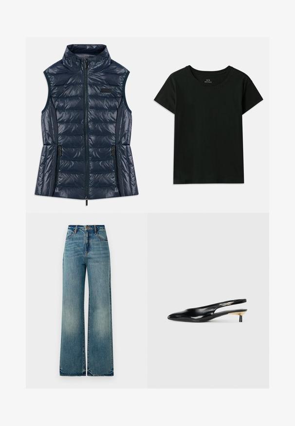 Mornarskoplavi brezrameni prešani prsluk s visokim ovratnikom, sprednjim zadrgo, dvema žepoma na zadrgo in horizontalnimi šivi.; Crna majica kratkih rukava od pamuka. Ima okrugli izrez i reljefni natpis "Armani Exchange" duž ramena. Jednostavan dizajn.; Svijetloplavi traper široke nogavice s visokim strukom, pet džepova i blago poderanim rubovima, prikazuju teksturirani, izblijedjeli izgled.; Crna slingback štikla s oštrim vrhom, sjajnom kožnom završnom obradom i malom petom s zlatnim naglaskom. Elegantan dizajn s otvorenom stražnjom stranom.