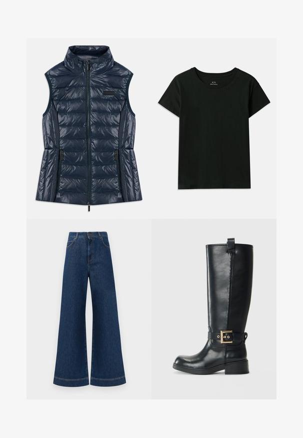 Colete acolchoado sem mangas em azul marinho, com gola alta, fecho frontal, dois bolsos com zíper e detalhes de costura horizontal.; T-shirt preto de manga curta, feito de algodão. Apresenta um decote redondo e texto em relevo "Armani Exchange" ao longo do ombro. Design simples.; Jeans azul de perna larga com cintura alta, apresentando um fecho de botão, passantes para cinto e detalhes de costura discretos ao longo dos bolsos e das bainhas.; Bota de couro preta até ao joelho, com um pequeno salto bloco, uma tira decorativa com fivela dourada à volta do tornozelo e uma aba na parte superior.