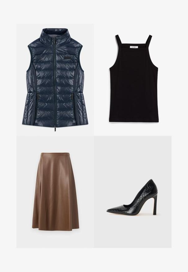 Ναυτικό μπλε αμάνικο τεχνικό γιλέκο με ψηλό γιακά, μπροστινό φερμουάρ, δύο τσέπες με φερμουάρ και οριζόντιες ραφές.; Μαύρο αμάνικο τοπ με λεπτές τιράντες, φτιαγμένο από ριγωτό ύφασμα, με ευθεία γραμμή και ετικέτα στον λαιμό που αναγράφει "IVY OAK."; Καφέ δερμάτινη φούστα σε γραμμή Α με λεία υφή και μεσαίο μήκος. Διαθέτει στενή μέση και ελαφριά κλίση από τους γοφούς.; Μαύρο ψηλοτάκουνο παπούτσι με αιχμηρή μύτη και υφή από δέρμα κροκοδείλου, με κομψό σχέδιο, υψηλό τακούνι στιλέτο και λείο μαύρο εσωτερικό.