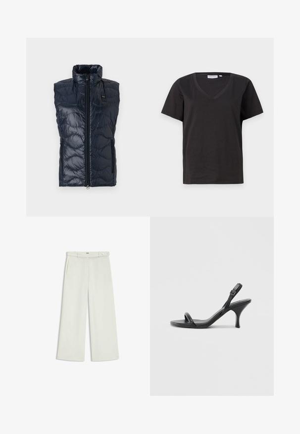 Gilet imbottito blu navy con colletto alto, chiusura zip frontale e due tasche laterali. Motivo testurizzato con cuciture orizzontali. Materiale leggero e lucido.; T-shirt in cotone nero con scollo a V e maniche corte. Design semplice con vestibilità regolare, senza motivi o dettagli.; Pantaloni a gamba larga in tessuto crema chiaro, dotati di tasche laterali, frontale liscio e chiusura a un bottone in vita. Texture morbida.; Sandali con tacco alto in pelle nera, con tacco sottile e curvo e design a fascia incrociata. Cinghia alla caviglia regolabile. Texture liscia.