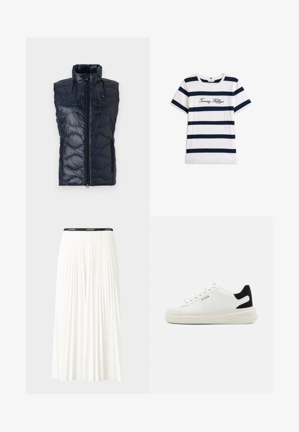 Gilet imbottito blu navy con colletto alto, chiusura zip frontale e due tasche laterali. Motivo testurizzato con cuciture orizzontali. Materiale leggero e lucido.; T-shirt in cotone con righe orizzontali blu navy su sfondo bianco. "Tommy Hilfiger" ricamato in corsivo sul petto. Collo a giro.; Gonna bianca plissettata con elastico nero in vita che presenta il logo "LACOSTE". Design di lunghezza media con texture morbida.; Sneaker bianchi in pelle con suola spessa bianca, accento in suede nero sul tallone e logo impresso sul lato. Design con lacci e sei fori per i lacci.
