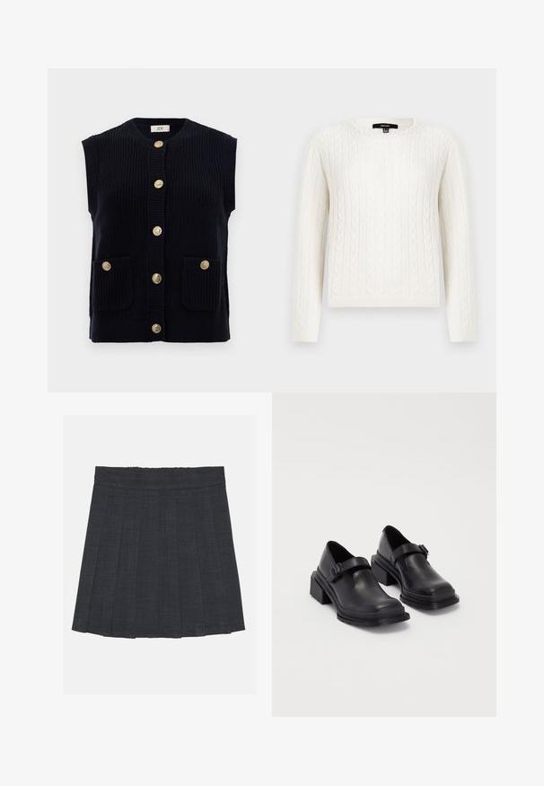 Marineblaue Strickweste mit rundem Ausschnitt, kurzen Ärmeln und sechs goldenen Knopfverschlüssen. Verfügt über zwei frontale Taschen.; Weißer Strickpullover mit Kabelmuster, langen Ärmeln, rundem Halsausschnitt und einem dekorativen Perlenakzent am Kragen. Weicher Stoff und taillierte Passform.; Dunkelgrauer, plissierter Rock mit elastischem Bund, aus einem strukturierten Stoff und in klassischer A-Linie. Geeignet für die Freizeit.; Schwarze Lederhalbschuhe mit runder Zehenpartie, flacher Sohle und einem Riemen mit Schnallen-Detail. Robuster Blockabsatz für zusätzliche Stabilität.
