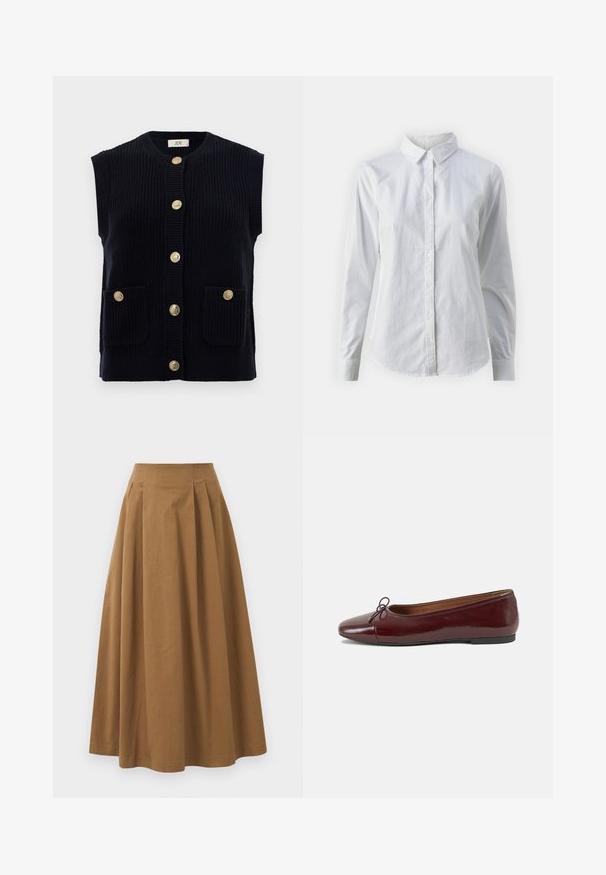 Mornarska pletena brezrokavnica z okroglim ovratnikom, kratkimi rokavi in šestimi zlatimi gumbi za zapiranje. Ima dva sprednja žepa.; Bela srajca z gumbki, narejena iz gladkega bombaža, s klasičnim ovratnikom, dolgimi rokavi in ukrivljenim robom. Gumbi so majhni in beli.; Rjava bombažna A-linijska krila z visokim pasom, ki vključuje naborke spredaj in gladko teksturo. Robovi so čisti in preprosti.; Burgundska patenti usnjeni baletni čevlji z zaobljenim prstom, majhnim lokom na sprednji strani in nizkim črnim gumijastim podplatom. Gladka tekstura.