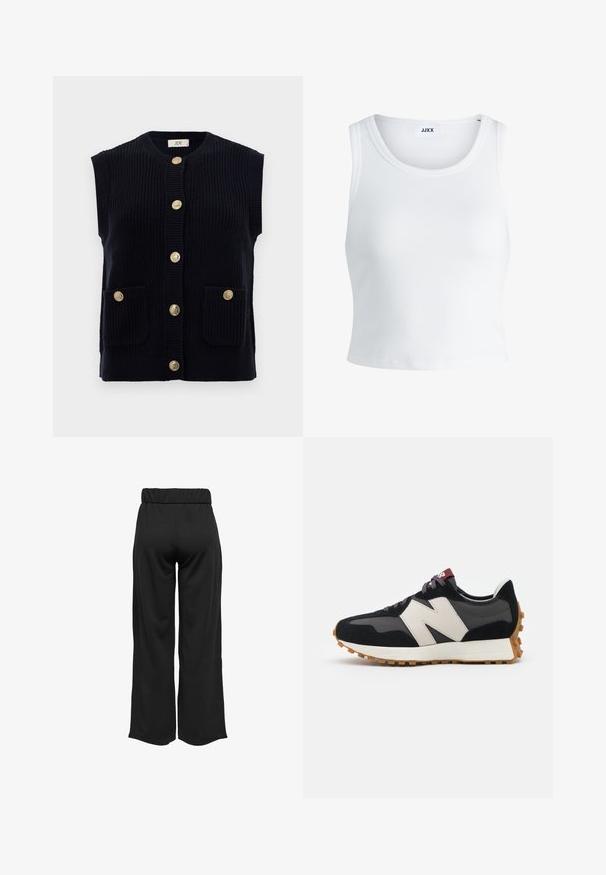 Jūrinės mėlynos spalvos megztas liemenė su apvaliu kaklu, trumparankoviais ir šešiais auksiniais sagų užsegimais. Turi dvi priekinės kišenes.; Balta raukšlėta tank top marškinėliai su apvaliu iškirpimu, be rankovių dizainu ir trumpa ilgio. Etiketėje parašyta "JJXX." Lygus audinio paviršius.; Juodos, plačios kelnės su elastinga juosta, pagamintos iš lygaus audinio. Pasižymi švariu dizainu, be kišenių ar matomų siūlių detalių.; Juoda ir pilka zomšinė sportinė avalynė su dideliu kreminiu "N" logotipu, violetinėmis raištelėmis ir tekstūruota gumos padu.