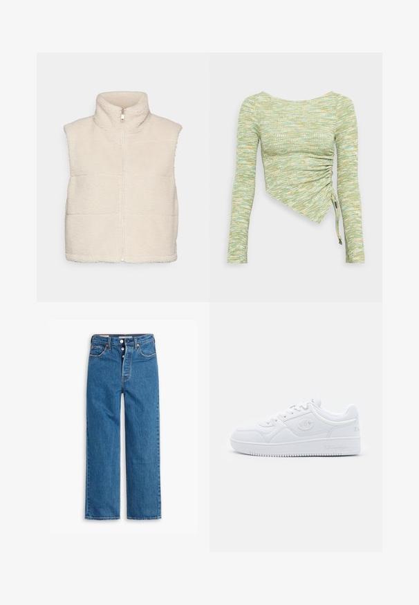 Kremkrāsas vilnas veste ar augstu apkakli un priekšējo rāvējslēdzēju, kurai ir teksturēta virsma un kontrastējošas šuves. Bez piedurknēm.; Ilgās piedurknes tops teksturētā piparmētras zaļā un dzeltenā audumā, ar asimetrisku griezumu, sānu savilkumiem un saitēm apakšmalā.; Zilo denima taisna griezuma džinsi ar augstu vidukli, piecu kabatu dizainu un pogu aizdari. Pamanāmas šuves un vara krāsas kniedes.; Baltas sporta apavi, kas izgatavoti no gludas sintētiskas vielas, ar apaļu purngalu, plakanu zoli un uzsvērtiem logo akcentiem sānos. Klasisks zema profila dizains.