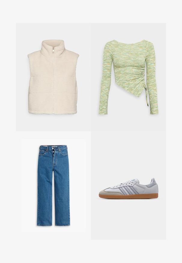 Kreemi värvi fliisvest kõrge kaelusega ja esiseppimisega, millel on tekstureeritud pind ja kontrastsed õmblused. Käeaukude disain.; Pika-sleeve topp, mis on valmistatud tekstureeritud mündiroheline ja kollane riie, millel on asymmeetriline lõige, külgmised kokkuvõtud ja seotud äär.; Sinine denim sirgeda pükste talu kõrge vöökoht, viie taskuga disain ja nööbiga sulgemine. Silmapaistvad õmblused ja vase tooni nurgad.; Valged nahast tossud helesiniste detailidega, hallist suede'ist varvas ja pruun kummitald. Omab kolme sinist triipu ja "Samba" brändimist.