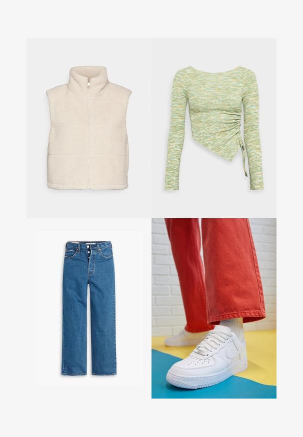 Gilet in felpa color crema con colletto alto e zip frontale, caratterizzato da una superficie testurizzata e cuciture a contrasto. Design senza maniche.; Maglietta a maniche lunghe in tessuto testurizzato verde menta e giallo, caratterizzata da un taglio asimmetrico con arricciature laterali e lacci all'orlo.; Jeans in denim blu con gamba dritta e vita alta, design a cinque tasche e chiusura con bottoni. Cuciture evidenti e rivetti di tonalità rame.; Sneaker bianco in pelle con punta perforata, suola testurizzata e lacci bianchi, abbinati a pantaloni rossi larghi e uno sfondo blu e giallo.