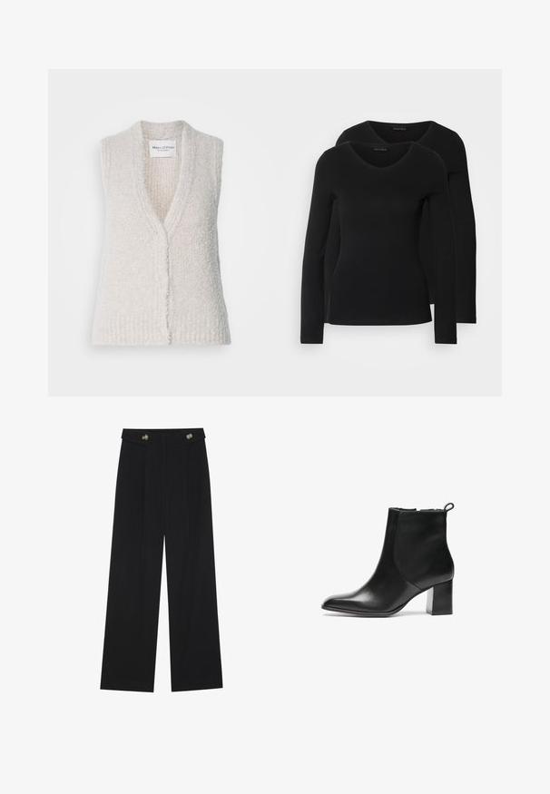 Svijetlosmeđi bezrukavni pleteni prsluk s V-izrezom, teksturiranim završetkom i prednjim kopčanjem na gumbi. Tkanina izgleda mekano i udobno. Vidljiva oznaka branda.; Dva crna majice dugih rukava s V-izrezom, izrađene od mekanog, rastezljivog materijala, s glatkom teksturom i prilagođenim oblikom.; Crne hlače širokih nogavica s visokim strukom, s dugmadi na pojasu i prednjim nabora.; Crne kožne gležnjače s okruglim vrhom, središnjom blok petom i pomoću petlje na stražnjem dijelu. Glatka tekstura, minimalistički dizajn.