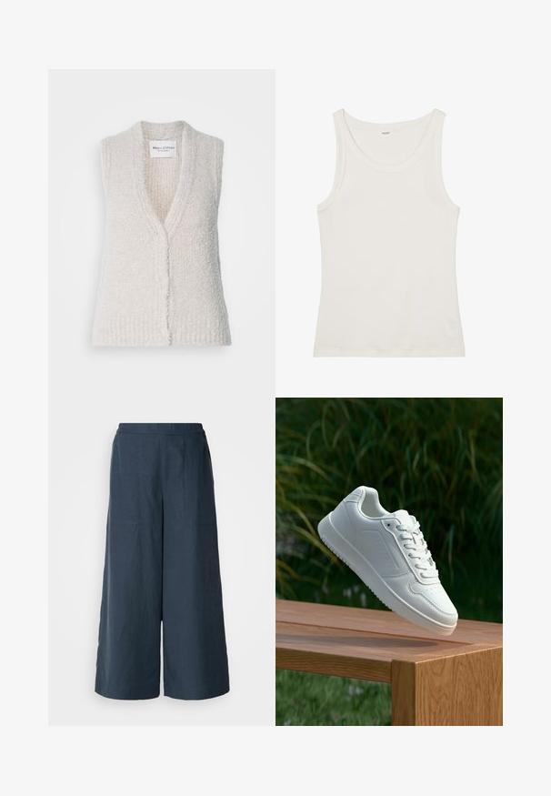 Šviesiai smėlinės spalvos be rankovių megztas liemenė su V formos iškirpte, tekstūruotu paviršiumi ir priekyje esančiu mygtukų uždarymu. Audinys atrodo minkštas ir jaukus. Matoma prekės ženklo etiketė.; Balta medvilnės marškinėliai be rankovių su plačiu kaklu ir plonomis petnešėlėmis. Lygus paviršius be matomų raštų ar papuošimų.; Platų kojų kelnės tamsiai mėlynos spalvos, pagamintos iš lengvos medžiagos. Turtinga šiek tiek tekstūruota paviršiaus, elastinga juosmens juosta ir priekiniai siūlai.; Balti sneakeriai su lygia sintetine viršutine dalimi, perforuota pirštų zona, plokščiomis raištelėmis ir tekstūruotu padu, padėti ant medinės paviršiaus.