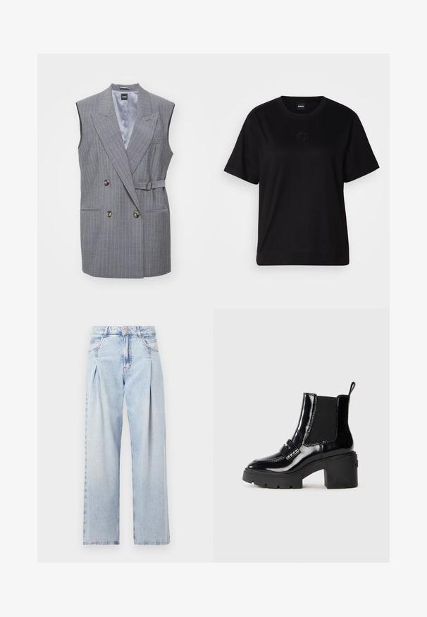 Harmaa raitapintainen hihaton bleiseri, jossa on kaksinkertainen etuosa, kaksi nappia, sivutaskut ja vyötärökaitale. Vuorattu sisustus.; Musta puuvillapaita, jossa on pyöreä kaula-aukko, lyhyet hihat ja brodeerattu logo rinnassa. Yksinkertainen, rento istuvuus ilman kuvioita.; Vaaleansiniset farkut, joissa on korkea vyötärö, leveälahkeinen leikkaus, kaksi sivutaskua ja pleatattu muotoilu. Pehmeä rakenne, jossa on haalistunut viimeistely.; Musta patenttisaapas nilkkapituisella, paksulla korolla, venyvä sivupaneeli, koristeellinen hihna ja kontrastiväriset ompeleet. Sileä pinta, joka tuo kiiltävän viimeistelyn.