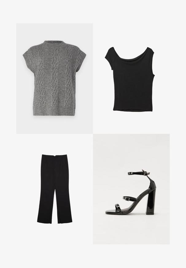 Selected Femme SLFELINA MARIE - Väst - medium grey; Svart kortärmad topp i slät tyg; har en draperad halsringning och asymmetrisk nederkant, med en figursydd kropp.; Svarta byxor med rak passform, utrustade med framfickor och sidoklyvningar vid fållen. Tillverkade av mjukt, slätt tyg. Lämpliga för olika tillfällen.; Svarta lackerade klacksandaler med fyrkantig tå, ankelremmar och silverfärgade spännen. Har en kraftig blockklack för stabilitet.