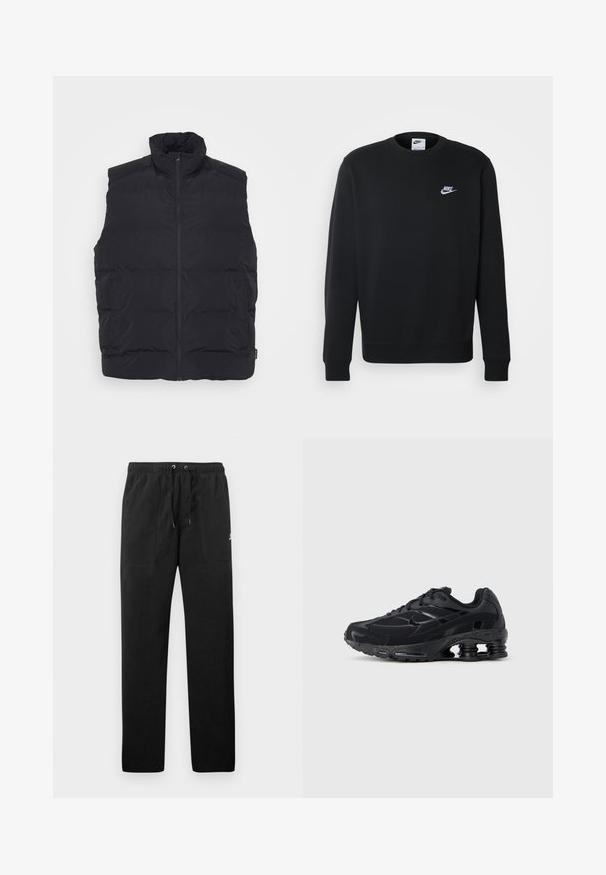 Black puffer vest with a high collar, front zipper, and side pockets. Smooth texture with quilted design for insulation.; Black sweatshirt made of soft fabric, featuring a round neckline, long sleeves, ribbed cuffs, and a small white Nike logo on the chest.; Black sweatpants made of fleece, featuring an elastic waistband with drawstrings, two front pockets, and a small logo on the thigh.; Black athletic shoe with a mesh upper, padded collar, and prominent cushioning technology at the heel. Features textured accents and laces.
