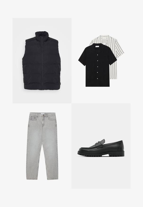 Černý péřový vest s vysokým límcem, předním zipem a bočními kapsami. Hladká textura s prošívaným designem pro izolaci.; Dvě košile s krátkým rukávem: jedna jednobarevná černá, druhá bílá s černými vertikálními pruhy. Obě mají zapínání na knoflíky a klasický límeček.; Světlé šedé džíny s rovnými nohavicemi, pět kapsami a knoflíkovým zapínáním. Viditelné švy podél švů.; Černé kožené mokasíny s kulatou špičkou, zdobené prošitím, s nízkou platformou a texturovanou gumovou podrážkou s drážkováním.