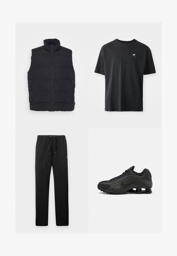 Gilet imbottito nero con colletto alto, zip anteriore e tasche laterali. Tessuto liscio con design trapuntato per isolamento.; Maglietta in cotone nera con maniche corte, colletto rotondo, con un piccolo logo rettangolare con la scritta "NIKE AIR" in bianco sul lato sinistro del petto.; Pantaloni sportivi neri in felpa, dotati di cintura elastica con cordini, due tasche anteriori e un piccolo logo sulla coscia.; Scarpe da corsa nere con una parte superiore in sintetico liscio, dettagli perforati, pannelli laterali testurizzati e una suola distintiva e elastica.