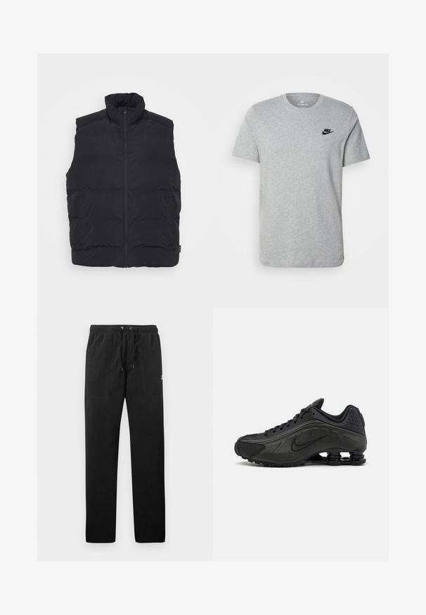 Black puffer vest with a high collar, front zipper, and side pockets. Smooth texture with quilted design for insulation.; Gray short-sleeve T-shirt made of cotton, featuring a black Nike logo on the chest and a round neckline. Minimalist design with no patterns.; Black sweatpants made of fleece, featuring an elastic waistband with drawstrings, two front pockets, and a small logo on the thigh.; Black running shoes featuring a smooth synthetic upper, perforated accents, textured side panels, and a distinct springy sole.