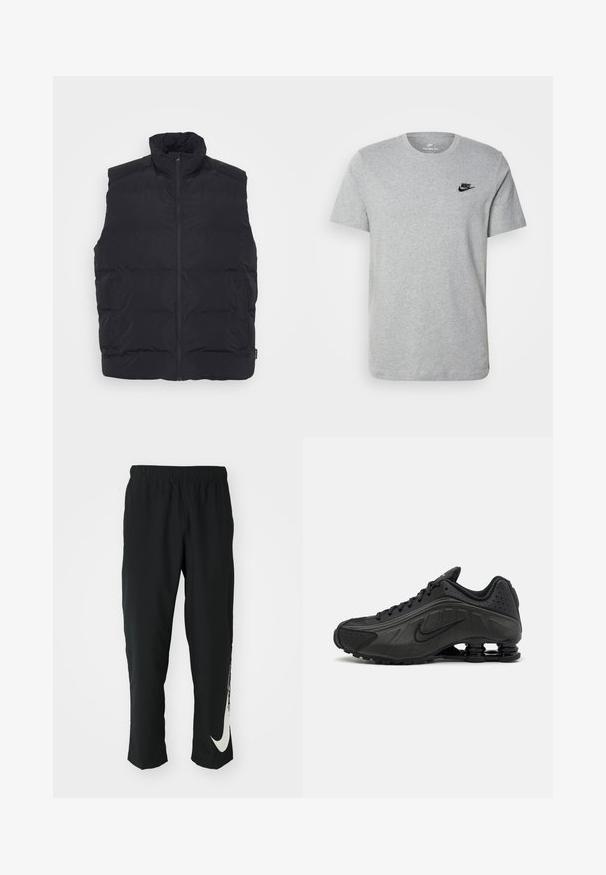 Fekete steppelt mellény magas gallérral, elől cipzárral és oldalsó zsebekkel. Simább textúrájú, steppelt dizájn a szigetelésért.; Szürke, rövid ujjú póló, pamutból készült, fekete Nike logóval a mellkason és kerek nyakkivágással. Minimalista dizájn, minta nélkül.; Fekete sportnadrág rugalmas derékpánttal, szűkített kialakítással, az előtérben egy nagy fehér Nike logóval a bal lábon. Puha, könnyű anyag.; Fekete futócipők sima szintetikus felsőrésszel, perforált díszítéssel, texturált oldalsó panelekkel és egyedi ruganyos talppal.