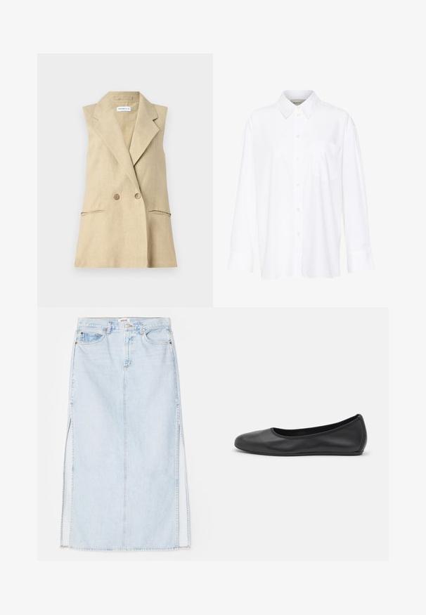 Béžový lněný bezrukávový blazer s klopovým límcem, uzavíráním na dvojité knoflíky a dvěma předními kapsami. Hladká textura.; Bílá košile s dlouhým rukávem a límečkem vyrobená z bavlny. Má knoflíkovou přední část a jedno kapsičku na prsou. Hladký povrch, volný střih.; Světle modrá denimová maxi sukně se střihém do tvaru A, která má boční rozparky a design s pěti kapsami. Výrazné švy a kovové zapínání na knoflík.; Černé kožené baletní byty s kulatou špičkou, hladkou texturou, minimálními švy a flexibilním designem podrážky.