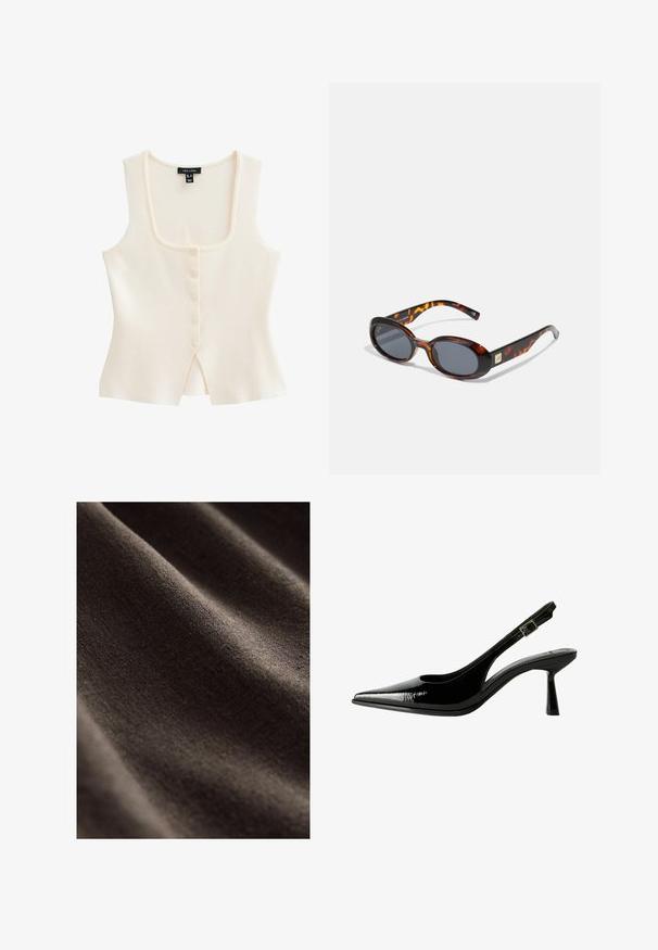 Krämfärgad ärmlös topp med fyrkantig halsringning, fem knappar framtill och en liten mittslits i botten. Mjuk tygtextur.; En enkel vit t-shirt i bomull med rund halsringning, korta ärmar och en avslappnad passform. Slät textur utan mönster eller detaljer.; Mörkbrunt tyg med en slät, texturerad yta, med subtila rynkor och en mjuk, matt finish. Perfekt för olika textilapplikationer.; Svart lackläder slingback pumps med spetsig tå, urklippta sidor, justerbart vristband och en tunn, elegant klack.; Bruna skilpaddssolglasögon med ovala linser och mörkgrå ton. Har en accent i guldton på bågarna. Slät plastyta.; Tote-väska i beige tyg med brunmönstrade detaljer. Har en rundad form, ett enskilt handtag och en logotavla på framsidan med silverfärgad hårdvara.