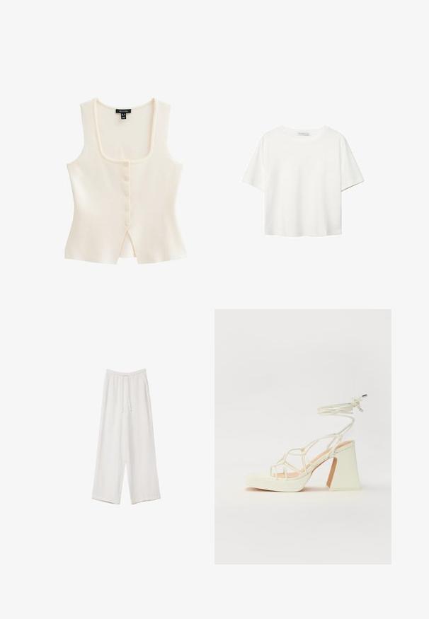 Cremfarbener ärmelloser Top mit quadratischem Ausschnitt, fünf vorderen Knöpfen und einem kleinen Schlitz in der Mitte am unteren Ende. Weiche Stofftextur.; Weißes T-Shirt mit kurzen Ärmeln aus Baumwolle. Hat einen Rundhalsausschnitt und eine lockere Passform. Glatte Textur ohne sichtbare Muster oder Akzente.; Weiße weit geschnittene Hose aus leichtem Stoff. Mit einem elastischen Bund und Kordelzug sowie Seitentaschen. Glatte Textur.; Weiße High-Heel-Sandale mit einem klobigen Absatz, die über ein Riemchendesign und ein Knöchelband verfügt. Glatte Textur mit einer Plattform vorne für zusätzliche Höhe.