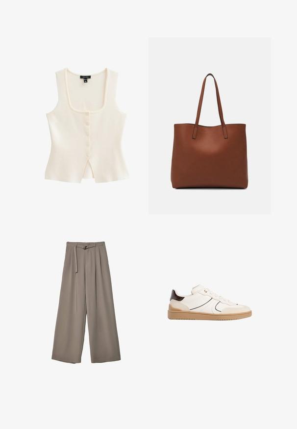 Top senza maniche color crema con scollatura quadrata, cinque bottoni frontali e una piccola fessura al centro nella parte inferiore. Tessuto morbido.; T-shirt bianco a maniche corte realizzato in cotone. Presenta un collo tondo e una vestibilità rilassata. Texture liscia senza motivi o dettagli visibili.; Pantaloni a gamba larga in un morbido tessuto grigio tenue, con vita con cintura e pieghe per un tocco di design aggiuntivo. Texture liscia, senza motivi.; Stradivarius Sneakers basse - white; Borsa tote in pelle marrone con texture liscia, design con apertura superiore e due spallacci. Presenta cuciture minime e nessun hardware visibile.