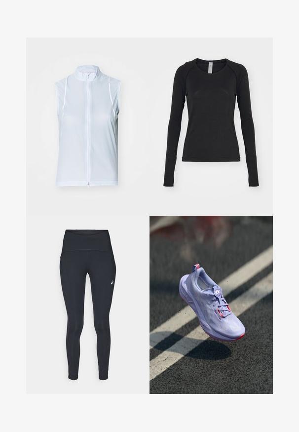 Lichtblauwe mouwloze vest met hoge kraag en frontale rits. Gemaakt van een gladde stof met witte stiknaden, met een getailleerd ontwerp.; Zwarte longsleeve shirt, gemaakt van zachte stof. Beschikt over een ronde hals en raglanmouwen met duimgaten bij de manchetten. Minimalistisch ontwerp.; ASICS ROAD HIGH WAIST - Winterlegging - performance black; Lichtpaarse hardloopschoen met een gestructureerde bovenkant, roze accenten, een rond vetersysteem en een gespikkelde zool, verhoogd boven een asfaltachtergrond.