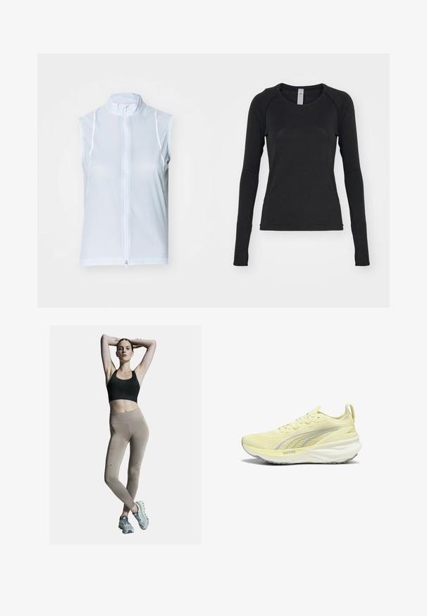 Hellesblaues ärmelloses Weste mit hohem Kragen und Frontreißverschluss. Hergestellt aus glattem Stoff mit weißen Nähten und in taillierter Passform.; Langärmliges Shirt in Schwarz, aus weichem Stoff. Es hat einen Rundhalsausschnitt und Raglanärmel mit Daumenlöchern an den Bündchen. Minimalistisches Design.; Schwarer Sport-BH und beigefarbene hochtaillierte Leggings mit Seitennähten und Akzenten. Das Modell trägt hellgraue Sportschuhe mit einer gepolsterten Sohle.; Hellgelbes Sportschuh mit strukturiertem Obermaterial, grauen Akzenten und gepolsterter Sohle. Verfügt über ein Schnürdesign und eine Zuglasche an der Ferse.