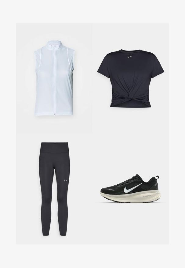 Colete sem mangas azul claro com colarinho alto e fecho à frente. Feito de tecido suave com costuras brancas, apresentando um design ajustado.; T-shirt atlético preto feito de tecido liso, apresentando um design frontal com nó e um pequeno logótipo branco da Nike no peito.; Leggings pretos feitos de tecido elástico, com uma cintura alta e um logo branco da Nike na coxa esquerda. Textura suave, design ajustado ao corpo.; Sapatilha de corrida Nike preta com parte superior de malha respirável, logotipo Swoosh branco, detalhes texturizados e uma entressola ZoomX na cor creme.