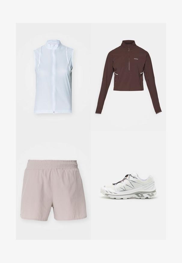 Hellesblaues ärmelloses Weste mit hohem Kragen und Frontreißverschluss. Hergestellt aus glattem Stoff mit weißen Nähten und in taillierter Passform.; Dunkelbraunes Sportoberteil mit langen Ärmeln und Viertelreißverschluss, hohem Kragen, kleinem weißen Logo auf der Brust und subtilen Seitendetails.; Helle beigefarbene Shorts mit elastischem Bund, glatter Textur und einfachem Design. Verfügt über keine sichtbaren Verschlüsse oder Muster.; Weißer Sportschuh mit strukturiertem Obermaterial, reflektierenden Akzenten und grauer Sohle. Verfügt über betonte dreieckige Muster und ein Schnellschnürsystem.