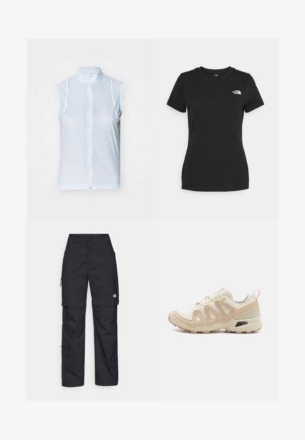 Lichtblauwe mouwloze vest met hoge kraag en frontale rits. Gemaakt van een gladde stof met witte stiknaden, met een getailleerd ontwerp.; Zwarte katoenen t-shirt met een ronde hals en korte mouwen. Opvallend wit logo op de bovenlinker kant. Soepele textuur, casual pasvorm.; Zwarte nylon cargo broek met afneembare pijpen, verstelbare manchetten, meerdere zakken en een logo op het rechterbeen. Gladde, lichte textuur.; Beige en crème sportschoen met een textuur-mesh bovenwerk, ondersteunende overlays en een rubberen zool met een profielpatroon voor grip.