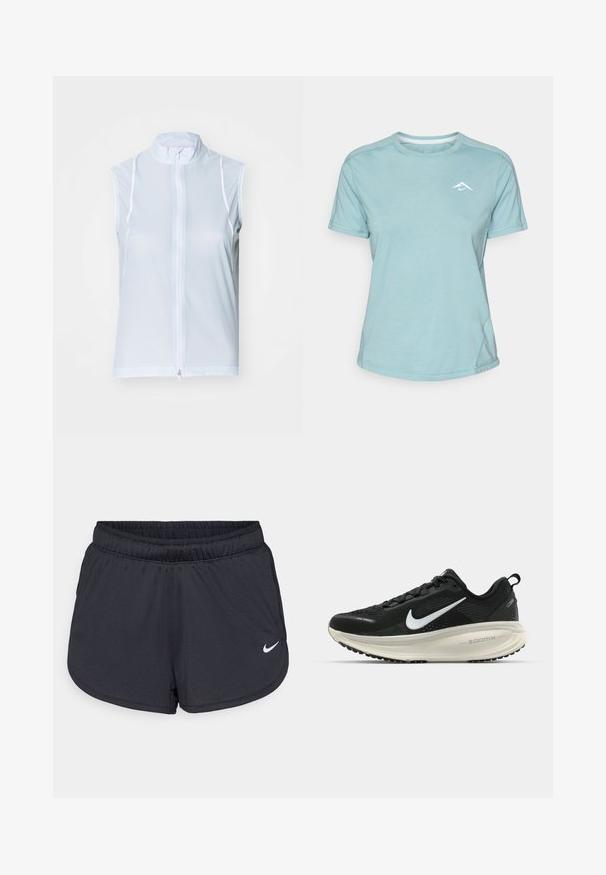 Světle modrá bezrukávová vesta s vysokým límcem a předním zipem. Vyrobena z hladké tkaniny s bílým prošíváním, má přiléhavý střih.; Světle modré tričko s krátkým rukávem vyrobené z měkké látky, s kulatým výstřihem a malým bílým logem na hrudi. Viditelné švy.; Černé sportovní šortky vyrobené z lehké, prodyšné látky. Obsahují elastický pás a bílé logo Nike na dolní pravé straně.; Černá běžecká obuv Nike s prodyšným síťovaným svrškem, bílým logem swoosh, texturovanými detaily a krémovou mezipodešví ZoomX.