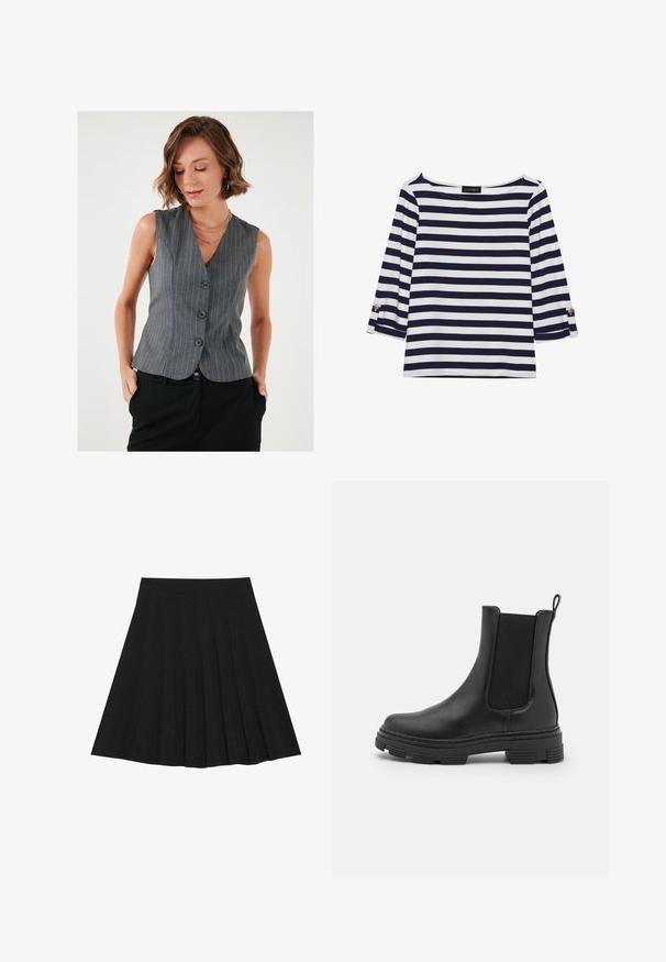 LELA REGULAR FIT - Strukirani kaput - grey white; Duga majica dugih rukava prugasta u mornarsko plavu i bijelu boju s brodoglavim izrezom i zlatnim gumbima na pojačanim rukavima. Mekani materijal, opušteni kroj.; Crna plisirana suknja izrađena od teksturiranog materijala s uskim strukom. Pada do koljena, a ima glatku, čistu siluetu.; Crne kožne gležnjače s elastičnim bočnim panelima, zaobljenim prstima i strukturiranom gumenom potplatom. Imaju petlju straga za lakše oblačenje.