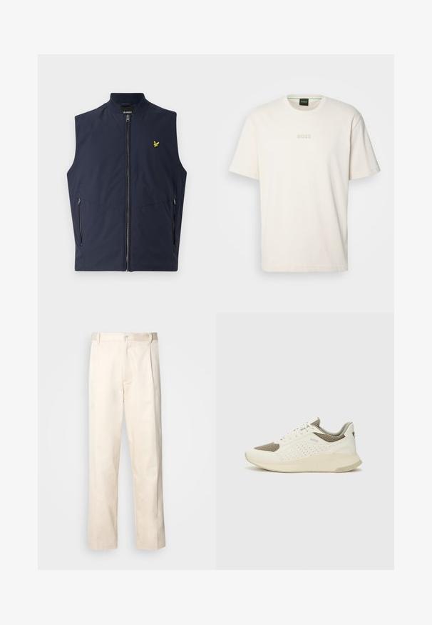 Sötétkék ujjatlan mellény elülső cipzárral, két oldalsó zsebbel és egy kis sárga madár logóval a mellkason. Simább, könnyű anyagból készült.; BOSS TEE - Basic póló - open white; Beige pamut nadrág egyenes szárú kivágással, gombos záródással és elülső redőkkel a részletek fokozása érdekében.; Fehér és világos bézs sportcipő, légies hálós felsőrésszel, perforált részletekkel és texturált középtalppal, amelyen a saroknál a márka logója található.