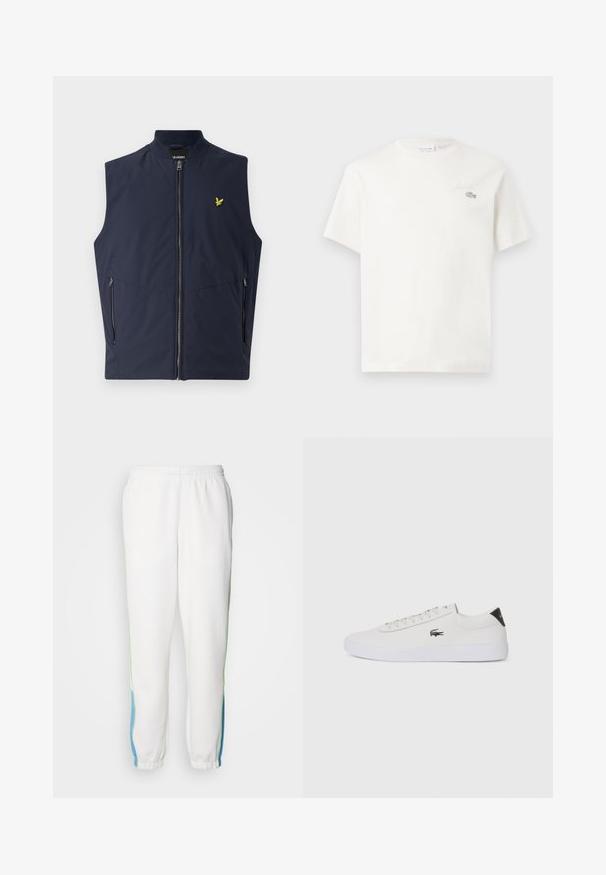 Sötétkék ujjatlan mellény elülső cipzárral, két oldalsó zsebbel és egy kis sárga madár logóval a mellkason. Simább, könnyű anyagból készült.; Fehér pamut póló rövid ujjakkal, diszkrét hímzett logóval és minimalista designnal. Puha tapintású, kerek nyakkivágású.; Fehér melegítőnadrág, gumis derékkal, zöld és kék oldalsávokkal. Puha anyagból készült, taperált bokarészes kialakítással.; Fehér bőr sportcipő kerek orral, fűzős elülső résszel és fekete sarok akcentussal. Oldalán egy kis hímzett krokodil logóval rendelkezik.