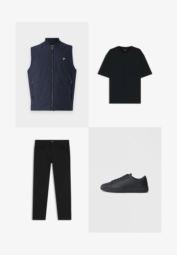 Marineblå ærmeløs vest med lynlås foran, to sidelommer og et lille gult fuglelogo på brystet. Fremstillet af et glat, let materiale.; Sort bomuld t-shirt med rund halsudskæring og korte ærmer. Har en løs pasform og et enkelt design uden mønstre eller accenter.; Sorte denimbukser med lige pasform, der har en standard talje, fem lommer og en knaplukning. Glat struktur over det hele.; Sorte sneakers lavet af glat læder med lavtopdesign, rund tå og flad gummisål. Har snøringer og subtil branding.