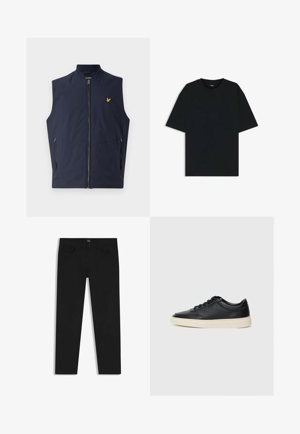 Marineblå ærmeløs vest med lynlås foran, to sidelommer og et lille gult fuglelogo på brystet. Fremstillet af et glat, let materiale.; Sort bomuld t-shirt med rund halsudskæring og korte ærmer. Har en løs pasform og et enkelt design uden mønstre eller accenter.; Sorte denimbukser med lige pasform, der har en standard talje, fem lommer og en knaplukning. Glat struktur over det hele.; Sort lavt top lædersneaker med sorte snørebånd og off-white sål vist i sideprofil på hvid baggrund.