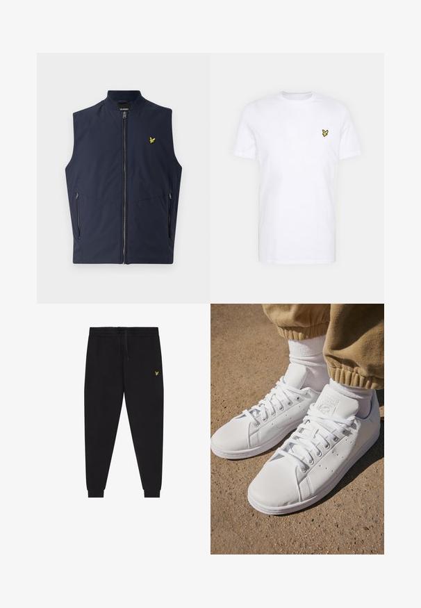 Tummansininen hihaton liivi, jossa on etuvetoketju, kaksi sivutaskua ja pieni keltainen lintulogo rinnassa. Valmistettu sileästä, kevyestä materiaalista.; Valkoinen puuvillapaita, jossa on pieni musta ja keltainen brodeerattu logo vasemmassa rintapielessä. Lyhyet hihat ja pyöreä kaula-aukko.; Musta lenkkihousut, joissa on joustava vyötärönauha ja kiristysnauha, kapeutetut lahkeet kalvosimilla sekä pieni keltainen kirjailtu logo oikeassa reidessä.; Valkoiset nahkakengät, joissa on sileä pinta, klassinen nauhakiinnitys, reikärakenteet hengittävyyden parantamiseksi ja karkea kumipohja.