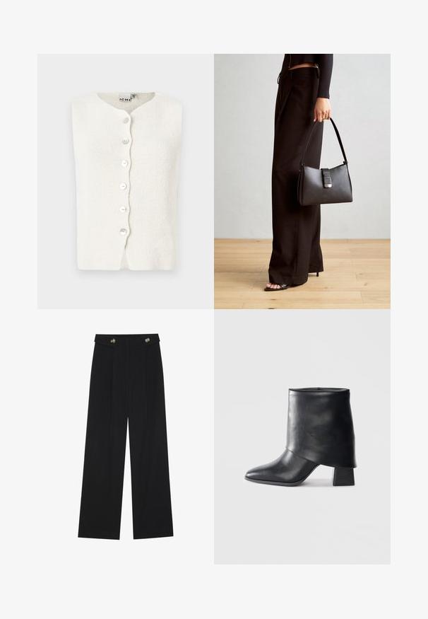 Vit stickad väst med rund hals, försedd med fem knappar fram, och en texturerad yta. Ingen ärmar eller synliga sömmar.; Svart långärmad topp med utställda ärmslut, mjuk textur och avslappnad passform, med en enkel rund halsringning.; Svarta vida byxor med hög midja, knäppdetaljer i midjan och framfickor.; Svart läder ankelboot med spetsig tå, slät textur och en strukturerad blockklack. Har en hög, vikbar krage.; Svart handväska med strukturerad form, slät yta och metallspänne. Matchad med vida svarta byxor och sandaler med öppen tå på trägolv.