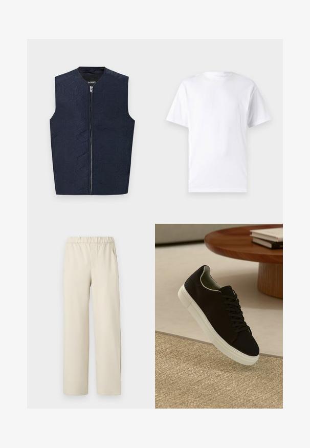 Marinblå väst med intrikata geometriska mönster, med hög krage och dragkedja fram. Tillverkad av ett texturerat tyg, lätt och ärmlös.; Vit kortärmad t-shirt i bomull med rund halsringning, som har en slät textur och en enkel design utan mönster eller accenter.; Beiga vida byxor med elastisk midja, tillverkade av mjukt tyg. Har en jämn yta och inga synliga mönster eller hårdvara.; Svart sneakers med vit sula svävande över en beige texturerad matta nära ett runt träbord med staplade böcker.