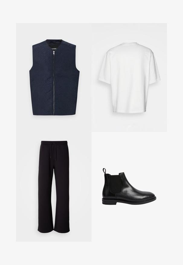 Marinblå väst med intrikata geometriska mönster, med hög krage och dragkedja fram. Tillverkad av ett texturerat tyg, lätt och ärmlös.; Vit kortärmad t-shirt, lös passform, rund halsringning, mjukt bomullstyg, enkel baksida, rak nederkant, utan mönster eller detaljer.; Svarta joggingsbyxor i mjukt material, med dragsko i midjan, löst snitt och raka ben. Minimalistisk stil utan mönster.; Svart läder Chelsea-boots med elastisk sidopanel, rund tå, dragflik bak, och en låg staplad klack. Slät, polerad yta.
