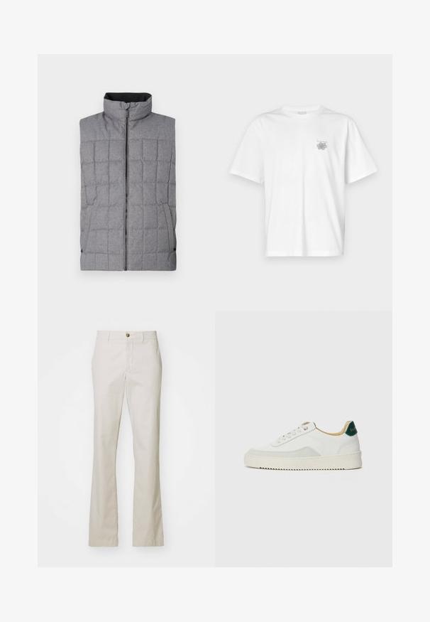 Grå vadderad väst med hög krage, främre dragkedja och sidofickor. Har ett strukturerat tyg med ett rutmönster och elastiska detaljer.; Vit t-shirt i bomull med korta ärmar, rund hals och en liten grå logotyp på vänster bröst. Slät textur.; J.LINDEBERG LOIS CLOUD PANTS - Tygbyxor - moonbeam; Vit sneaker med mockadetaljer, rund tå, platta snören och en krämfärgad gummisula. Har grön branding på hälen.