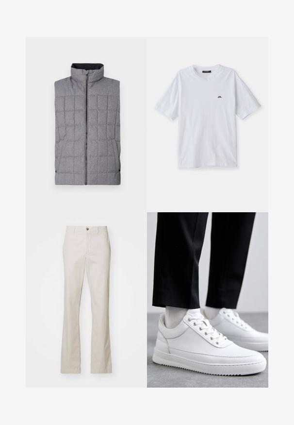 Pilkas siuvinėtas liemenė su aukšta apykakle, priekine užtraukiama daliu ir šoninėmis kišenėmis. Yra tekstūrinis audinys su tinklelio raštu ir elastingomis detalėmis.; Balta medvilnės marškinėliai su apykakle ir trumpomis rankovėmis, ant krūtinės yra mažas juodas logotipas. Lygus tekstūra ir laisvas siluetas.; J.LINDEBERG LOIS CLOUD PANTS - Kelnės - moonbeam; Baltos odinės sportbačiai su plokščiu guminiu padu, pasižymintys lygiu paviršiumi, apvalia nosimi ir metaliniais anga užrišimui. Dėvimi su juodomis kelnėmis.