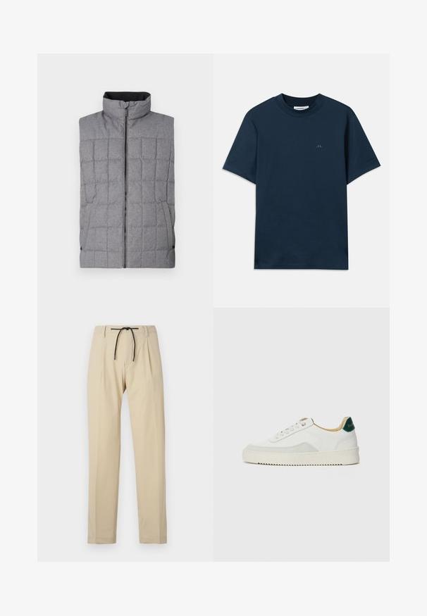 Pilkas siuvinėtas liemenė su aukšta apykakle, priekine užtraukiama daliu ir šoninėmis kišenėmis. Yra tekstūrinis audinys su tinklelio raštu ir elastingomis detalėmis.; Tamsiai mėlynas medvilninis marškinėlis su apvalia iškirpte, trumpomis rankovėmis ir subtiliu logotipu, atspaustu ant krūtinės. Sklandus paviršius ir klasikė tinka.; Bežinės kelnės su tiesiomis linijomis, turinčios raištelio juosmenį, klostuotą priekinę dalį ir lygią tekstūrą. Paprastas, universalus dizainas.; Baltos sportbačiai su zomšos akcentais, apvaliu nosiu, plokščiais raišteliais ir kreminės spalvos guminiu padu. Ant kulno yra žalia ženklinimo detalė.