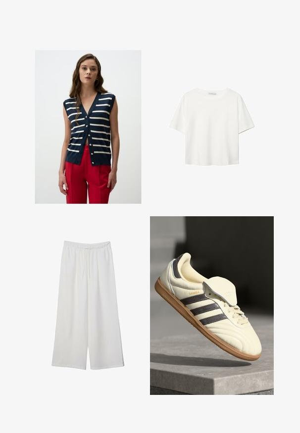 Marineblauwe mouwloze cardigan met witte horizontale strepen, V-hals en zilveren knopen. Gecombineerd met rode hoge broeken.; Witte korte mouwen t-shirt van katoen. Heeft een ronde halslijn en een ontspannen pasvorm. Glad textuur zonder zichtbare patronen of accenten.; Witte wijde broek van lichtgewicht stof, met een elastische tailleband en een trekkoord voor een verstelbare pasvorm. Glad texture.; Crème leren sneaker met drie donkere strepen, een bruine gumrubberen zool en een ronde neus. Voorzien van een opvouwbare tong met het label "SAMBA."
