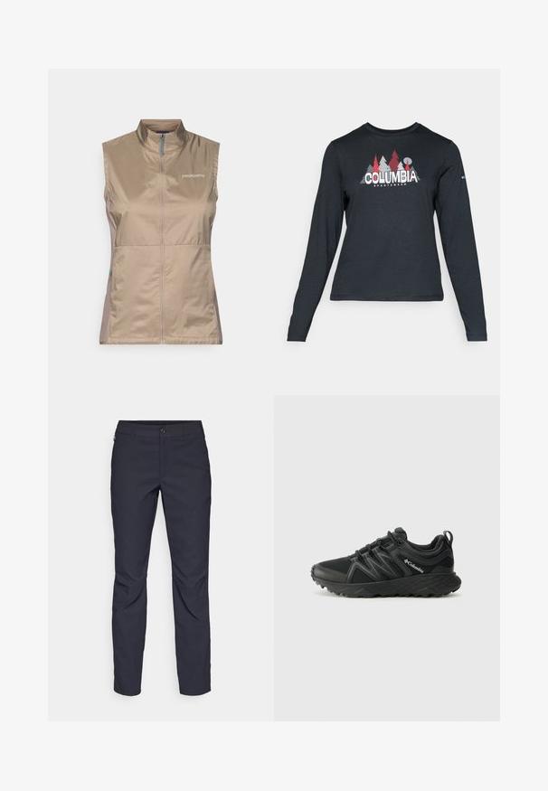 Vesta fără mâneci de culoare bej cu guler înalt, având un fermoar frontal și accente albastre. Fabricată dintr-un material ușor și neted. Logo-ul Patagonia este afișat.; Cămașă cu mâneci lungi de culoare gri închis, cu un grafic de copaci roșii și munți; logo-ul "COLUMBIA" în text alb îngroșat. Material moale, guler standard de tip crew.; Pantaloni bleumarin dintr-un material neted, cu închidere frontală cu buton, croială slim-fit și detalii pliate la genunchi.; Columbia PEAKFREAK - Pantofi drumeție - black