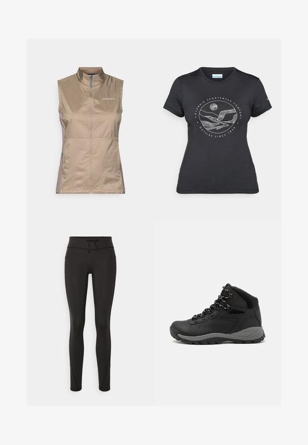 Chaleco sin mangas color canela con un cuello alto, que presenta una cremallera frontal y detalles azules. Fabricado en tela ligera y suave. Logo de Patagonia visible.; Camiseta negra de Columbia con un arte lineal circular de montaña y río en blanco y el texto "Columbia Sportswear Company Fuera desde 1938."; Leggings negros con cintura alta, cordón, textura suave y diseño ajustado. Presenta detalles de costura a lo largo de los laterales.; Bota de senderismo negra con un diseño de medio caña, que cuenta con una parte superior texturizada, acentos grises y una suela de goma duradera con tacos de tracción.